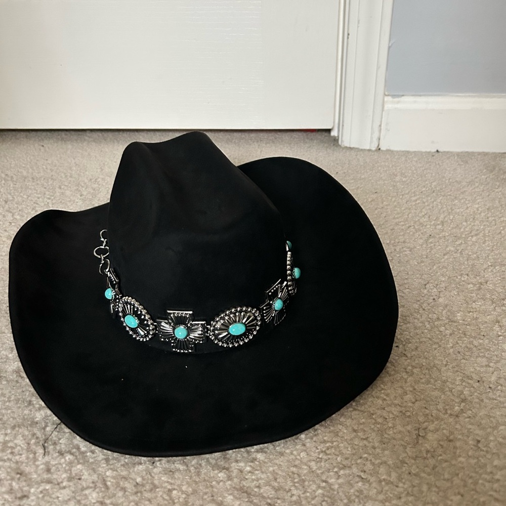 Black Cowboy Hat with Turquoise Accents